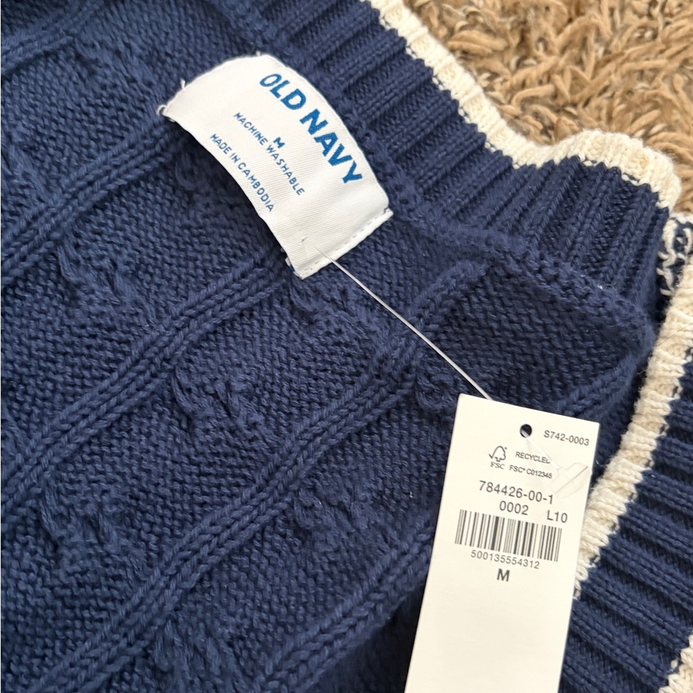 Old Navy Navy Blue Cable Cardigan with White Trim - Picture 3 of 3